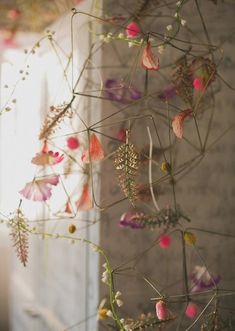 the flowers are hanging on the wall in the room with sunlight coming through the window