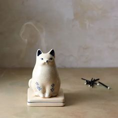 a white cat sitting on top of a wooden table next to a small black object