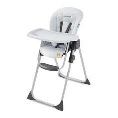 a baby high chair that is white and has black trim on the seat, it's attached to a metal frame