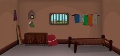 a room with a bed and some clothes hanging on the wall next to a window