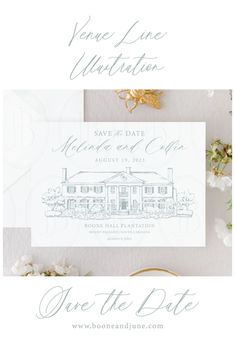 the wedding stationery and save the date cards are shown with flowers, gold ribbon, and