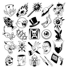 an assortment of cartoon tattoos on a white background