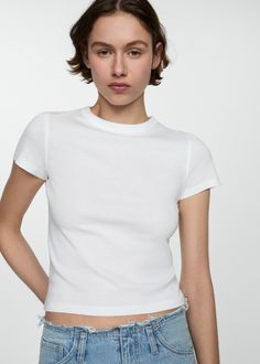 100% cotton T-shirt - Woman | MANGO USA Perfect White Tee, T Shirt And Jeans, White T Shirt, Dress With Bow, White Tshirt, White T, Striped Shirt, Cotton T Shirt, Shirts Tops