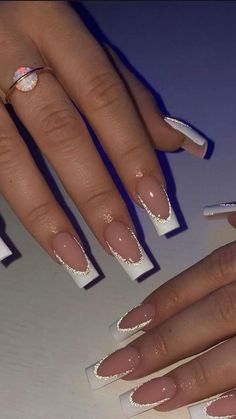 White Acrylic Nails With Glitter, Paznokcie Hello Kitty, Nails With White, Glitter Nails Acrylic, Homecoming Nails Acrylic