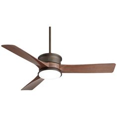 a ceiling fan with two wooden blades and a light on the top one is brown