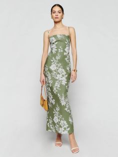 Frankie Linen Dress - Sleeveless | Reformation Daytime Dress, Bm Dresses, Party Hardy, Guest Attire, Ankle Length Dress, Reformation Dress, Green Floral Dress, Straight Neckline, Reformation Dresses