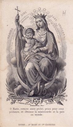 an old book with a drawing of the virgin mary holding a baby jesus in her arms