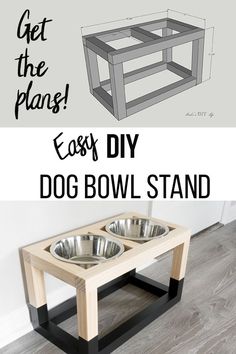 an easy diy dog bowl stand made out of plywood and steel with text overlay that says, get the plans easy diy dog bowl stand