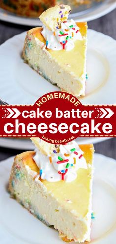 two pieces of cake on plates with the words homemade butter cheesecake in red and white