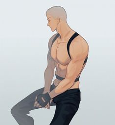 a drawing of a man with no shirt on holding his leg up to the side