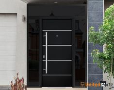 a black front door is shown next to a potted plant