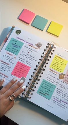 a woman's hand is holding a notebook with sticky notes on it and the pages are lined in different colors