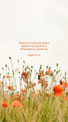 a field full of orange flowers with the words, restore to me the joy of your life