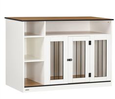 a white cabinet with doors and shelves on the front, open to reveal an area for storage