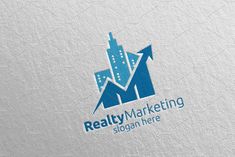 the realty marketing logo is displayed on a white surface with blue arrows pointing up