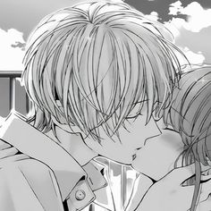 two anime characters kissing each other in front of a cloudy sky with clouds behind them