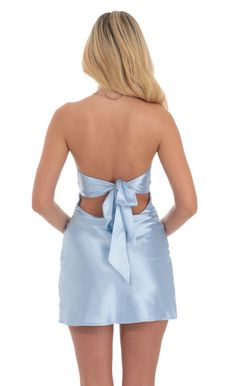 Satin Strapless Twist Cutout Dress in Light Blue | LUCY IN THE SKY Light Blue Hoco Dresses, Light Blue Hoco Dress, Light Blue Homecoming Dresses, Blue Hoco Dresses, Blue Hoco Dress, Baddie Dresses, Jacquard Mini Dress, Cute Homecoming Dresses, Blue Homecoming Dresses