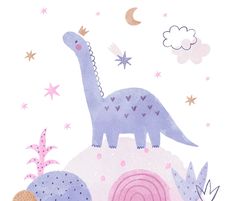 a drawing of a dinosaur on top of a hill with stars and clouds in the background