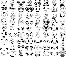 an assortment of cartoon faces with different expressions and facial expressions, all drawn in black on white