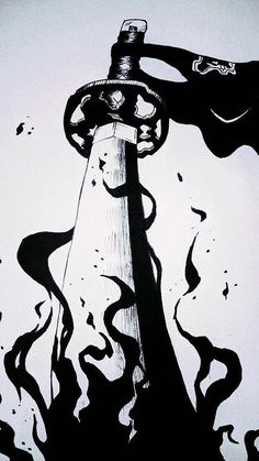 a black and white drawing of a fire hydrant with flames coming out of it