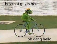 a person in a frog suit riding a bike on the sidewalk next to a lake