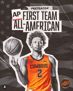 a man holding a basketball in front of an american flag with the words, ap first team all - american