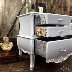 an old dresser has been painted white with floral designs