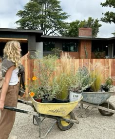 a woman pushing a wheelbarrow filled with potted plants