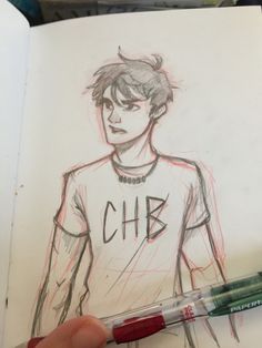 a drawing of a young man wearing a shirt with the word chb on it