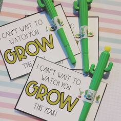 three green pens sitting next to each other on top of a paper with writing on them