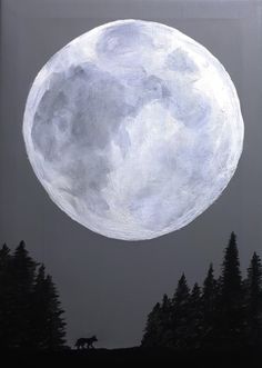 a painting of a wolf standing in front of a full moon with trees around it