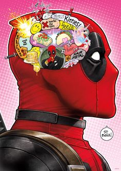 the head of deadpool with stickers on it's forehead is shown in front of a pink background