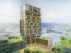 an aerial view of a tall building with plants growing on it