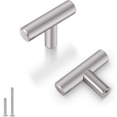 two stainless steel handles and screws on a white background