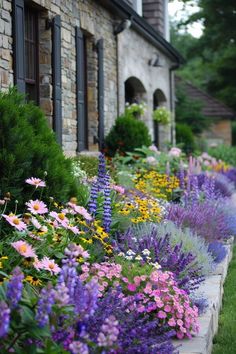 an assortment of flowers line the side of a building