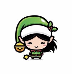 an elf girl with a christmas hat on her head and a bell in her hand