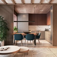 a living room filled with furniture and a dining table next to a kitchen area covered in wooden slats