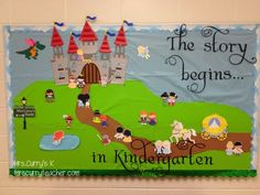 a bulletin board with children's pictures and words on it in a school hallway