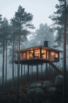 a house in the middle of some trees on a foggy day with lights on