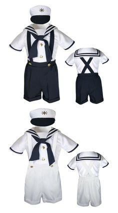 100% Brand new 4 Piece Sailor Suit Set Including in this listing: Nautical Hat Short Sleeve White Shirt with Navy Stripes Navy or White Shorts with Fabric Suspender  Coordinated Knotted Tie We also offer other color for the same style. Captain White Pants Sets Captain Navy Pants Sets Captain Navy Shorts Sets Sailor White Shorts Sets Sailor Navy Shorts Sets Size Chart Size  Chest (Full Measurement) Shoulder of Shirt  Sleeve of Shirt From Shoulder to Cuff  Outseam  Pa Sailor Outfit Mens, Short Sleeve White Shirt, White Short Set, White Shorts Outfit, Sailor Outfit, Boy Sewing, Cruise Fashion, Sailor Shorts, Sailor Shirt