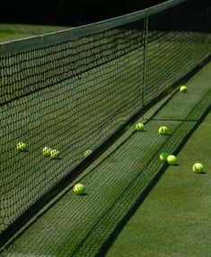 several tennis balls are scattered on the grass