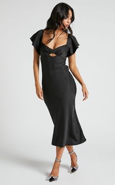 Emberlynn Midi Dress - Flutter Sleeve Cut Out Satin Dress in Black Elegant Cutout Short Sleeve Dress, Flirty Midi Dress For Dinner, Elegant Flutter Sleeve Dresses For Date Night, Chic Ruched Satin Dress For Brunch, Chic Short Sleeve Midi Dress With Cutout, Elegant Midi Dress With Flutter Sleeves For Date Night, Chic Flutter Sleeve Midi Dress For Party, Satin Short Sleeve Midi Dress For Date Night, Short Sleeve Satin Midi Dress For Date Night