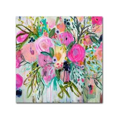 an abstract painting with pink flowers and green leaves