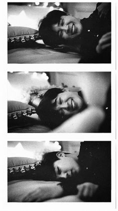 two black and white photos of a woman laying on a bed with her eyes closed