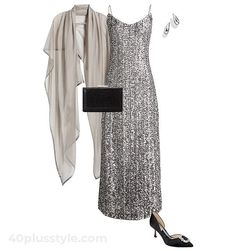 Outfits for Xmas - Silver dress and wrap | 40plusstyle.com Silver Dress, Short Sleeved Sweaters, Red Sweaters