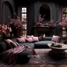 Gorgeous black and pink Gothic living room Pink And Black Home Aesthetic, Dark Girly Living Room, Black And Mauve Living Room, Pink Gothic Interior, Gothic Tv Room, Luxury Living Room Pink, Pink And Black Goth Decor, Luxury Pink Living Room, Romantic Gothic Decor