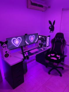 a computer desk with two monitors and a chair in front of it on top of a tile floor