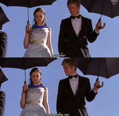 two people in tuxedos holding umbrellas and one person wearing a white dress