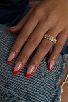 nails Simple Design Christmas Nails, Red Nails Inspiration Almond, Red Gelx Inspo Nails, Red Holographic Nails French Tip, Nails To Go With Red Sparkly Dress, Red French Tip Nails Pointy, Almond Shape Red Nails Designs, Bright Red Nails Christmas, Almond Shape French Tip Short