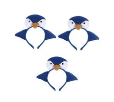 three penguin headbands are shown in three different positions, one is blue and the other is white